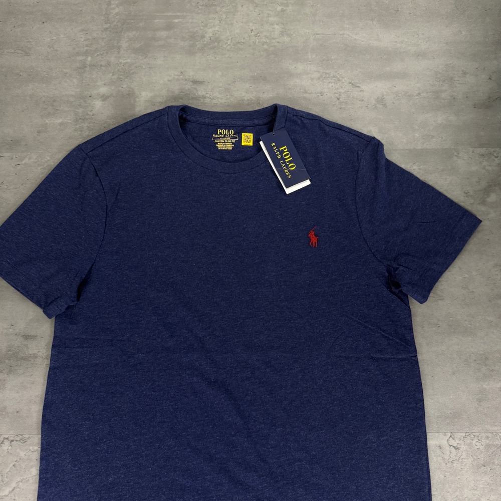 Polo Ralph Lauren T Shirt Mens M Navy Heather Custom Slim Fit Crew Neck Red Pony
